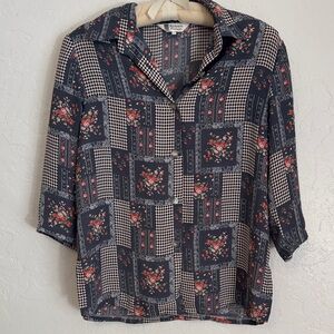 80s 90s Vintage Floral Patchwork Pattern Button-Up Blouse